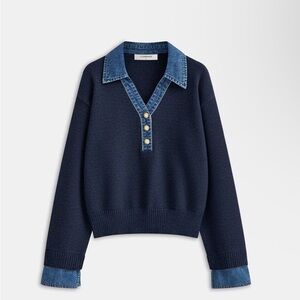 Commense Navy Sweater with Denim Collar and Cuffs